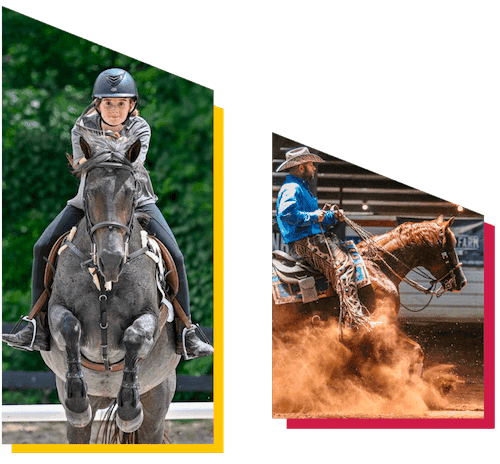 Header image of girl on horse jumping and a man on a horse doing a sliding stop while reining